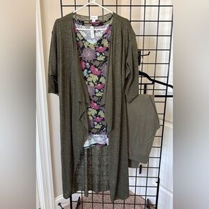 LuLaRoe Olive Green Cardigan and Floral Top Set